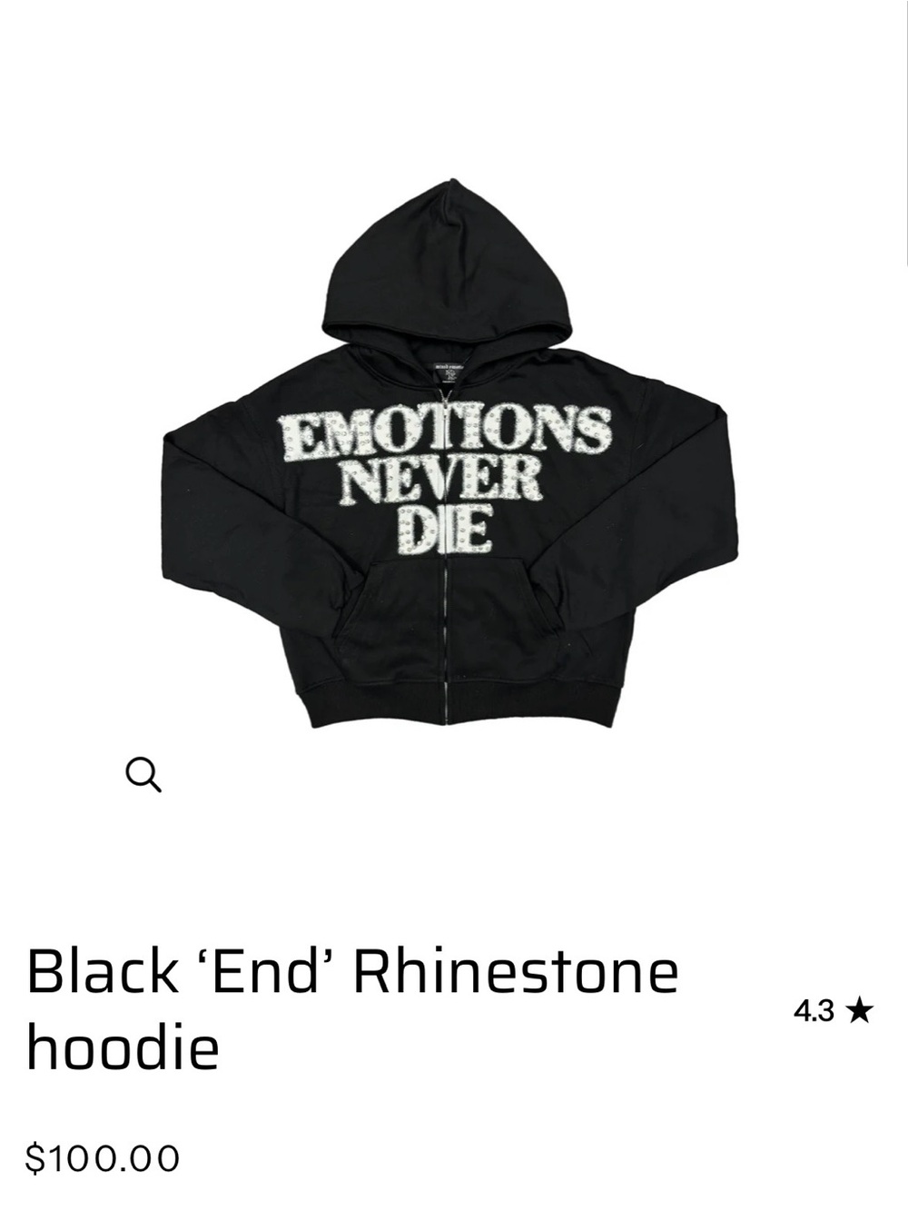 Black Rhinestone 'Emotions Never Die' Zip Hoodie